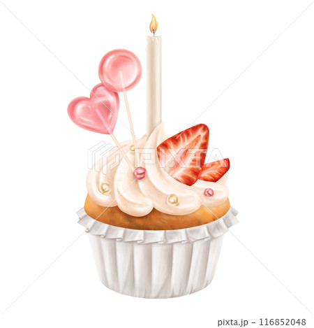 Cupcake with whipped cream, strawberries and lollipops. Berry muffin with filling and candles. Festive pastries for the party, delicious dessert in the pastry shop. Digital isolated illustration 116852048