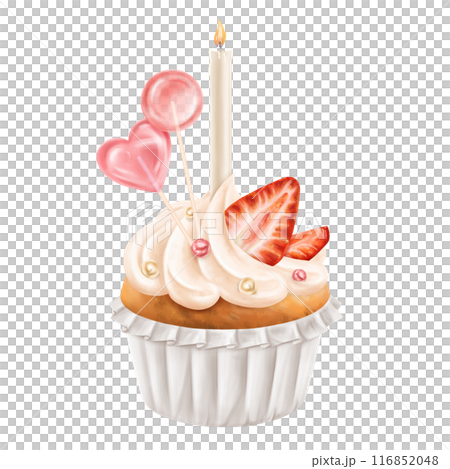 Cupcake with whipped cream, strawberries and lollipops. Berry muffin with filling and candles. Festive pastries for the party, delicious dessert in the pastry shop. Digital isolated illustration 116852048