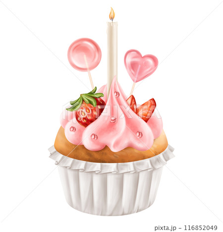 Cupcake with whipped cream, strawberries and lollipops. Berry muffin with filling and candles. Festive pastries for the party, delicious dessert in the pastry shop. Digital isolated illustration 116852049
