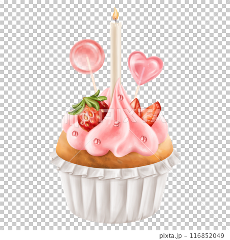 Cupcake with whipped cream, strawberries and lollipops. Berry muffin with filling and candles. Festive pastries for the party, delicious dessert in the pastry shop. Digital isolated illustration 116852049