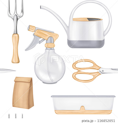 A seamless pattern of garden tools rakes, watering cans, pots and scissors. Tools for a florist to work with plants and soil in greenhouses. Harvesting on the farm. Digital isolated illustration 116852051