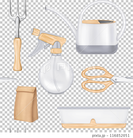 A seamless pattern of garden tools rakes, watering cans, pots and scissors. Tools for a florist to work with plants and soil in greenhouses. Harvesting on the farm. Digital isolated illustration 116852051