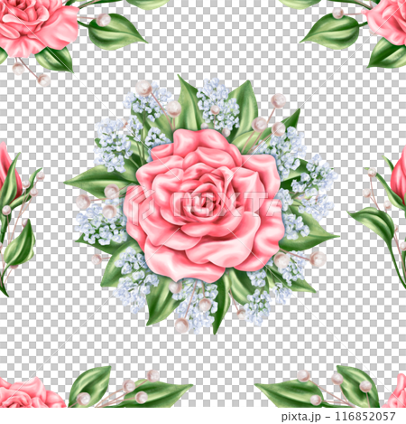 Seamless pattern of vintage pastel pink rose buds, blue gypsophila twigs and green leaves. Romantic and beautiful digital illustration, repeating pattern. For invitations, date saving, greeting card 116852057
