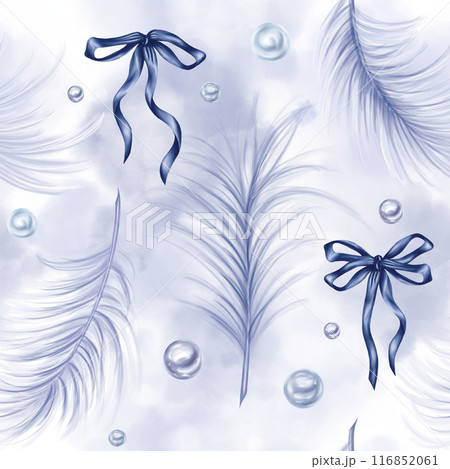 Seamless pattern of graceful fluffy bluish swan feather. Decorations for holidays, birthdays. Design element for holidays, packaging, clothing, interior. Digital isolated illustration 116852061