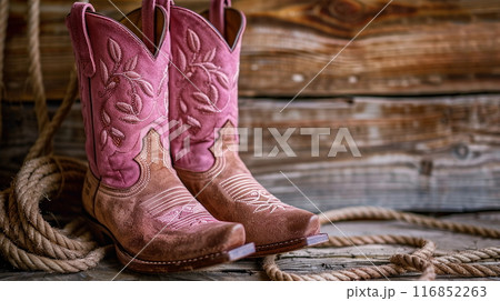 Fancy cowgirl boots with a cowboy hat and lasso rope background a wooden wall 116852263