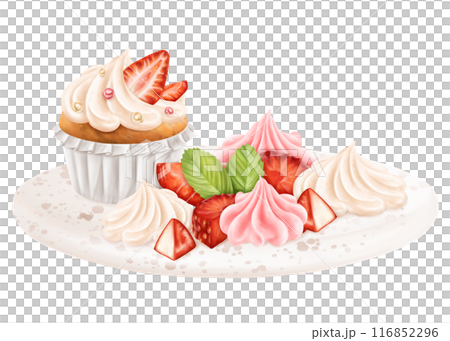 A composition of cupcake, strawberry slices, marshmallows, meringue on dessert serving platter. Berry confectionery sweets. Festive food for parties, table decoration. Digital isolated illustration 116852296