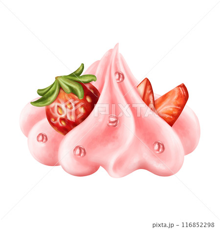Whipped cream in the form of a rose decorated with strawberries and sprinkles. Berry pink topping for decorating cakes, cupcakes, muffins, pastries. Crispy meringue. Digital isolated illustration Whipped cream in the form of a rose decorated with strawberries and sprinkles. Berry pink topping for decorating cakes, cupcakes, muffins, pastries. Crispy meringue. Digital isolated illustration 116852298