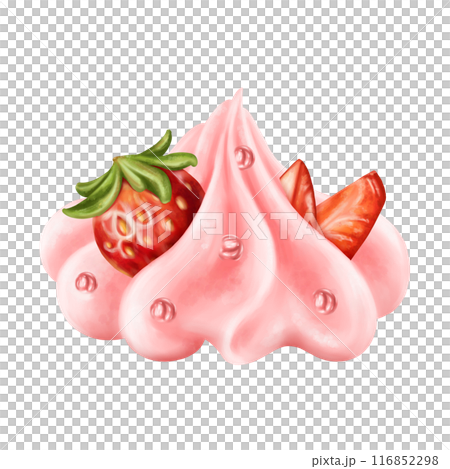 Whipped cream in the form of a rose decorated with strawberries and sprinkles. Berry pink topping for decorating cakes, cupcakes, muffins, pastries. Crispy meringue. Digital isolated illustration Whipped cream in the form of a rose decorated with strawberries and sprinkles. Berry pink topping for decorating cakes, cupcakes, muffins, pastries. Crispy meringue. Digital isolated illustration 116852298