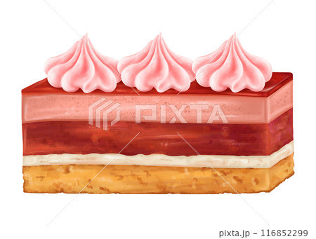 A square piece of berry cake with pink meringue in the form of roses. Mousse dessert with topping. Delicious sponge cake with cream. Homemade cakes for tea drinking. Digital isolated illustration 116852299