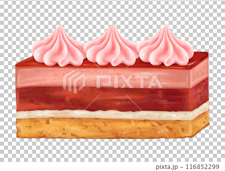 A square piece of berry cake with pink meringue in the form of roses. Mousse dessert with topping. Delicious sponge cake with cream. Homemade cakes for tea drinking. Digital isolated illustration 116852299