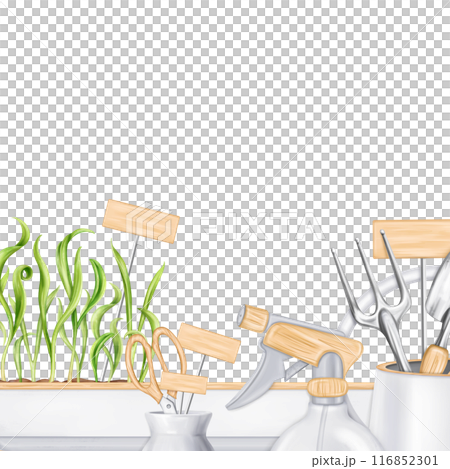 A border of tools: a rake, a shovel, a sprayer, seeds, boxes of greens. Equipment for gardens, greenhouses and florists. Agriculture, cultivation of plants and flowers. Digital isolated illustration 116852301