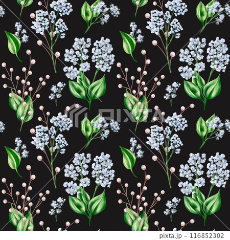 Seamless pattern of blue gypsophila twigs and green leaves. Romantic and beautiful digital illustration, repeating pattern. For decoration and design of invitations, date saving, greeting card 116852302