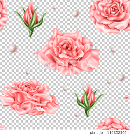 Seamless pattern of vintage pastel pink rose buds and green leaves. Romantic and beautiful digital illustration, repeating pattern. For decoration, design of invitations, date saving, greeting card 116852303