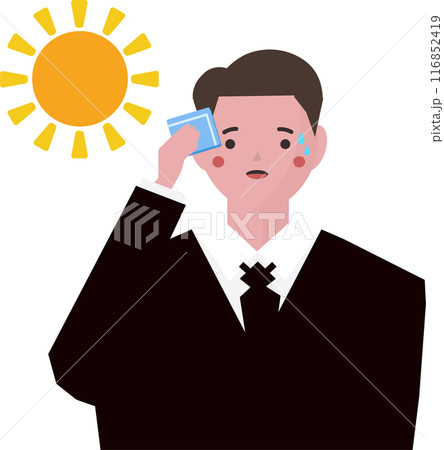 猛暑の炎天下の中、汗を拭くスーツを着たビジネスマンの男性のイラスト。暑い夏の外出先。ベクターイラスト 116852419