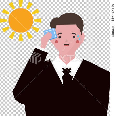 猛暑の炎天下の中、汗を拭くスーツを着たビジネスマンの男性のイラスト。暑い夏の外出先。ベクターイラスト 116852419