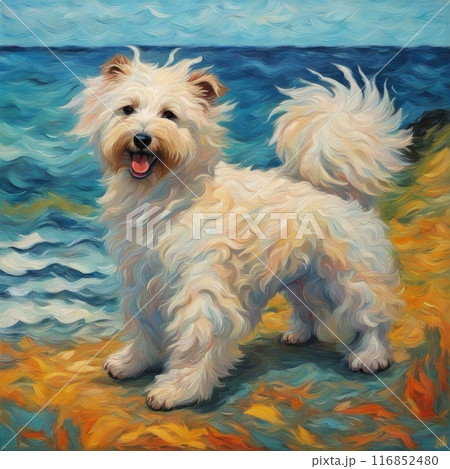 Cheerful fluffy dog enjoying scenic ocean backdrop painted with vibrant colors 116852480