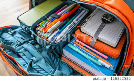 Professional photograph of a school backpack brimming with supplies. The backpack, positioned upright, is slightly open, showcasing various school essentials. Visible items include spiral notebooks, 116852580