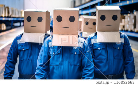 ダンボール箱をかぶった労働者たち　 116852665