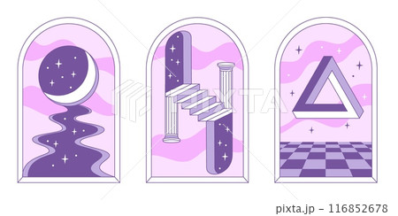 Surrealism poster set. Abstract shapes, moon light, stairs and geometric elements. Vector illustration in minimal style Surrealism poster set. Abstract shapes, moon light, stairs and geometric elements. Vector illustration in minimal style 116852678