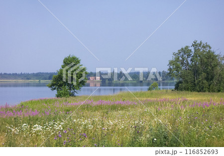 Summer landscape with the ruins of the manor noblemen on the distant shore. Summer landscape with the ruins of the manor noblemen on the distant shore. 116852693