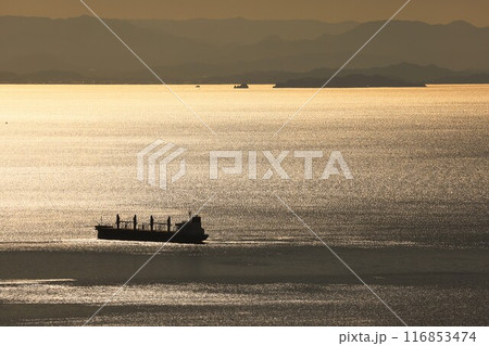 黄金色に輝く瀬戸内海に浮かぶ船 黄金色に輝く瀬戸内海に浮かぶ船 116853474