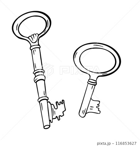 Rusty old keys black and white vector illustration isolated. Lock key silhouette drawn by ink . Adventure line art with vintage keys. Elements in contour for maritime design 116853627