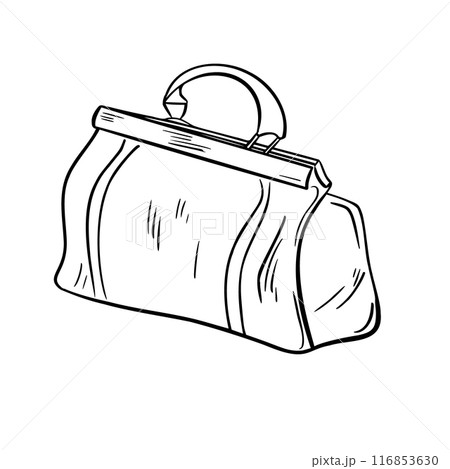 Leather carpetbag vintage style black and white vector illustration isolated. Retro handle bag silhouette drawn by ink . Gripsack contour. Suitcase in line art. Baggage in outline 116853630