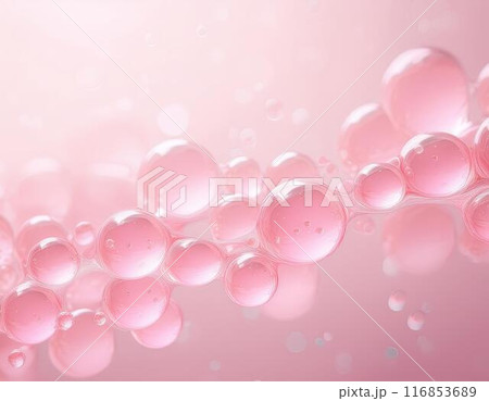 透明な水滴が浮かぶピンク背景　潤いジェル　スキンケアコスメ素材 116853689