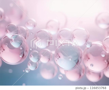 透明な水滴が浮かぶコスメ背景　潤いジェル　スキンケア素材 116853768
