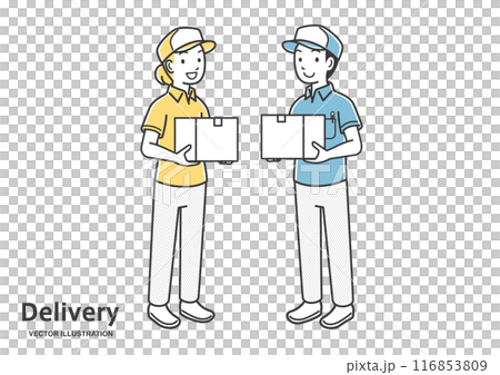 Male and female delivery workers carrying packages Male and female delivery workers carrying packages 116853809