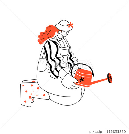 A gardener is kneeling in the garden, surrounded by flowers and plants, using a watering can A gardener is kneeling in the garden, surrounded by flowers and plants, using a watering can 116853830