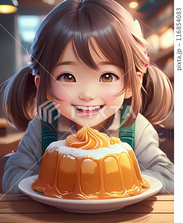 巨大なプリンを見て喜ぶ女の子	 116854083