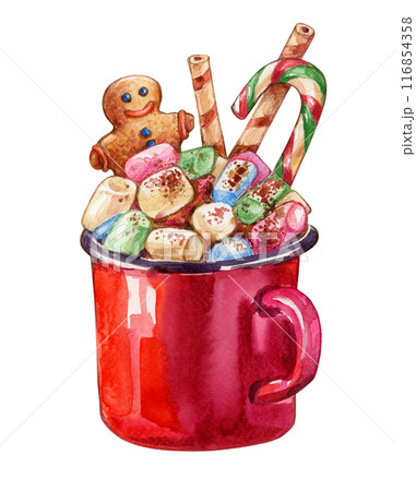 Watercolor hand drawn christmas drink with marshmallows, ginger cookies and candy cane.  Christmas drink isolated on white. 116854358