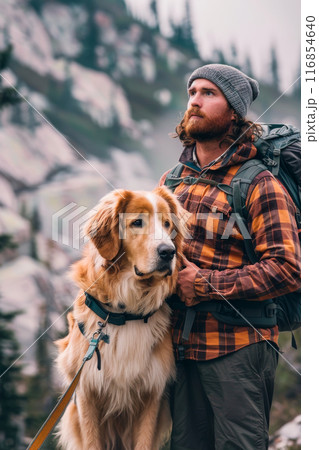 Bearded young man in a red plaid shirt with a backpack on a mountain hike with large red retriever dog Bearded young man in a red plaid shirt with a backpack on a mountain hike with large red retriever dog 116854640