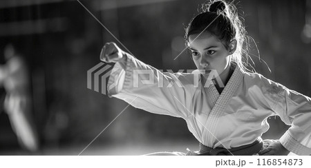 Teenage girl practicing karate in the gym. Black and white image Teenage girl practicing karate in the gym. Black and white image 116854873