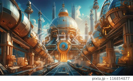 どこかの宇宙で繁栄する文明の近未来的な都市の風景 116854877