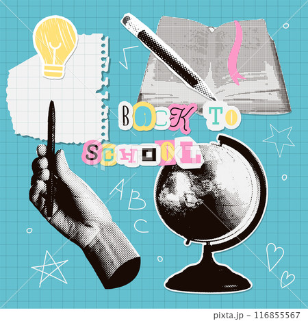 Vintage back to school halftone collage elements set. Torn put paper hand holding pencil. school supplies and stationery, book, writing tools, globe, paper sheet. Trendy retro vector illustration 116855567