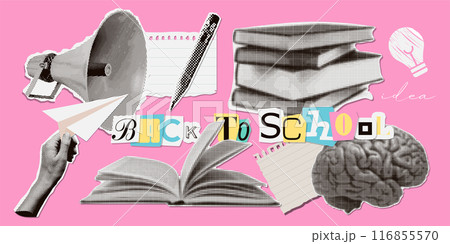Set of cutout paper elements halftone collage on the theme of education and back to school. Stationery, books, hand , brain. Trendy vector graphics. 116855570
