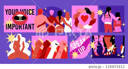 Feminism cards. International march. Female solidarity. Women power flyers design. Girls rights. Empowerment movement. Feminine groups. Multiethnic support community. Vector sisterhood posters set 116855812