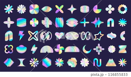 Y2k sticker holographic. Icon graphic, hype gradient retro style decorative elements. Psychedelic 90s, 2000s futuristic design. Shape acid, abstract decoration. Star, moon and flowers. Vector rave set 116855833