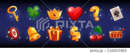 Game icon. Slot machine UI. Casino kit. Jackpot gift. Money coin. Gold key and crown. Poker winning. Cherry or shamrock. Vegas prize. Present box. Mobile GUI. Gambling elements set. Vector tidy design Game icon. Slot machine UI. Casino kit. Jackpot gift. Money coin. Gold key and crown. Poker winning. Cherry or shamrock. Vegas prize. Present box. Mobile GUI. Gambling elements set. Vector tidy design 116855865