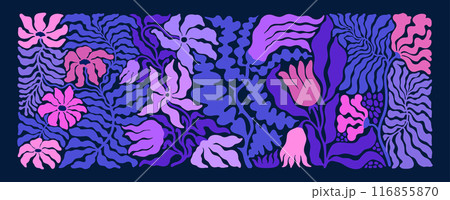 floral abstract vector art in purple and pink on navy, inspired by organic liquidish shapes. Ideal for wall decor and creative projects floral abstract vector art in purple and pink on navy, inspired by organic liquidish shapes. Ideal for wall decor and creative projects 116855870