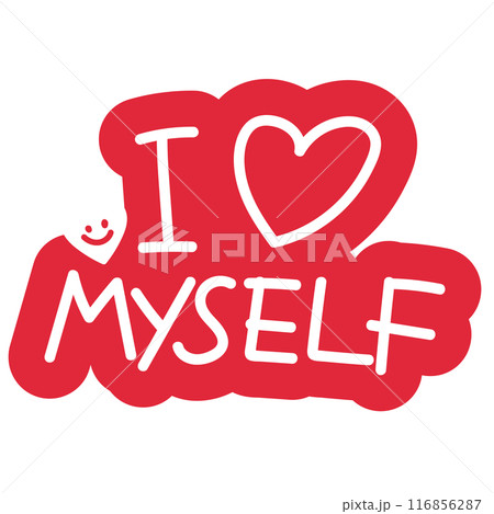 I heart MYSELF badge for font, typography, cute patches, plush toy, sign, symbol, print, social media post, ad, banner, template, sticker, tattoo, happy element, logo, icon, decorations, text 116856287