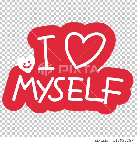 I heart MYSELF badge for font, typography, cute patches, plush toy, sign, symbol, print, social media post, ad, banner, template, sticker, tattoo, happy element, logo, icon, decorations, text 116856287