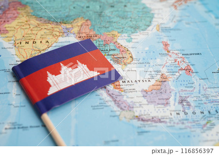 Bangkok, Thailand December 10, 2023 Cambodia map in world map paper. 116856397