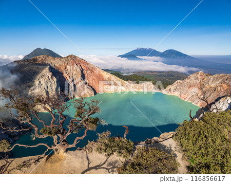 Aerial view of mount Kawah Ijen volcano crater, East Java, Indonesia 116856617