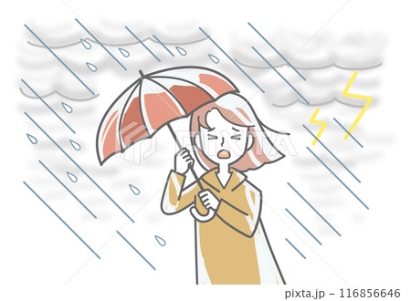 雷雨の中で歩く女性 116856646
