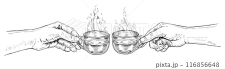 People clinking cups with hot tea. Vector hand drawn illustration. Two hands holding mugs with drink sketch drawing. Black line art. Clipart with white backgrounds. Can be edited. For cards, borders 116856648