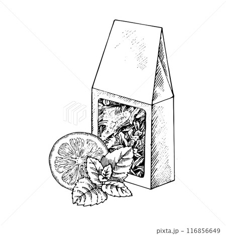Loose leaf Tea packaging with additives. Vector hand drawn illustration. Bag of dried leaves sketch drawing. Black line art. Clipart with white background. Can be edited. For stickers, kitchen prints Loose leaf Tea packaging with additives. Vector hand drawn illustration. Bag of dried leaves sketch drawing. Black line art. Clipart with white background. Can be edited. For stickers, kitchen prints 116856649
