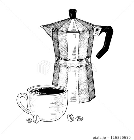 Coffee Cup and pot. Vector hand drawn illustration. Espresso in mug sketch drawing. Black line art. Clipart with white backgrounds. The composition can be changed. Drink in retro style for printing Coffee Cup and pot. Vector hand drawn illustration. Espresso in mug sketch drawing. Black line art. Clipart with white backgrounds. The composition can be changed. Drink in retro style for printing 116856650